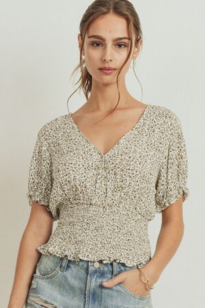 Smocked Waist Puff-Sleeve Surplice Top – Floral