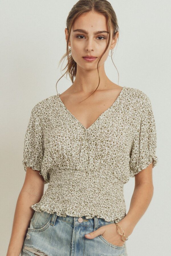 Smocked Waist Puff-Sleeve Surplice Top – Floral