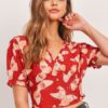 Butterfly Print V-Neck Crop Top with Smocked Back