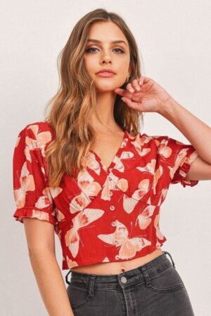 Butterfly Print V-Neck Crop Top with Smocked Back