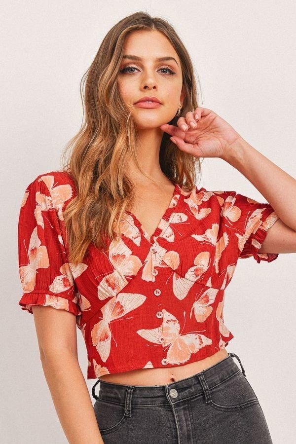 Butterfly Print V-Neck Crop Top with Smocked Back