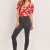 Butterfly Print V-Neck Crop Top with Smocked Back