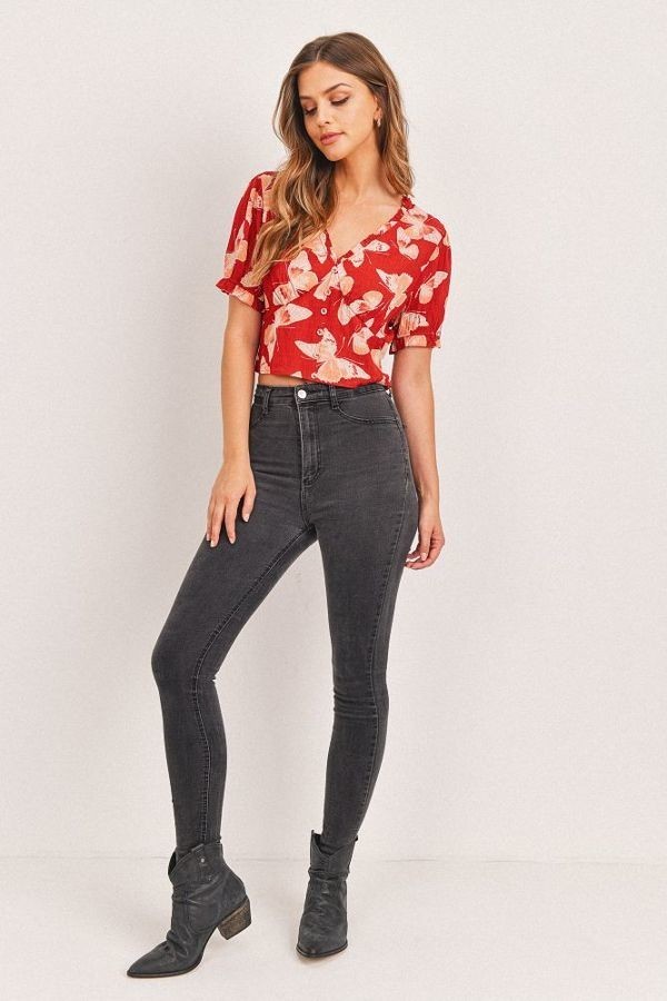 Butterfly Print V-Neck Crop Top with Smocked Back