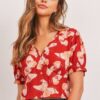 Butterfly Print V-Neck Crop Top with Smocked Back