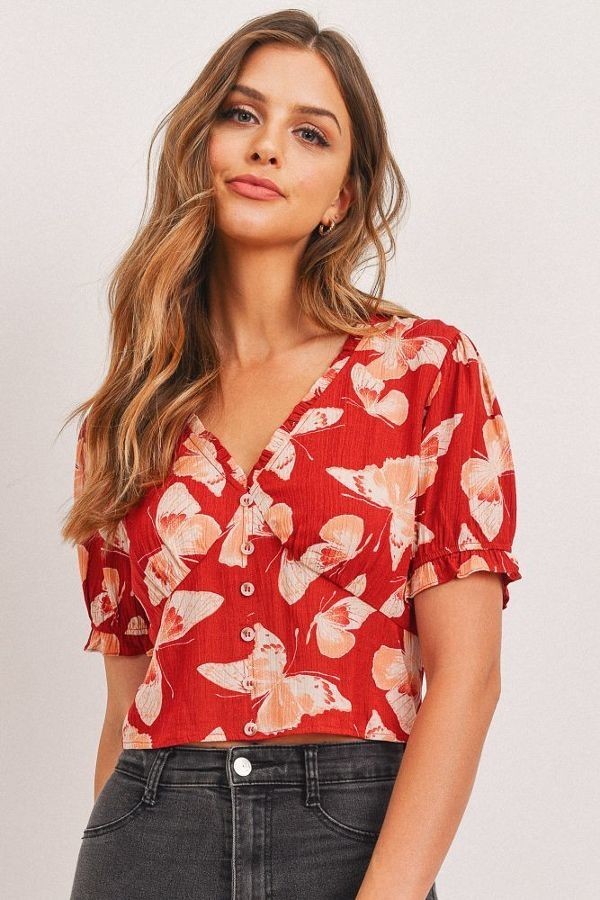Butterfly Print V-Neck Crop Top with Smocked Back