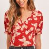 Butterfly Print V-Neck Crop Top with Smocked Back