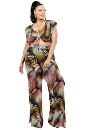 Plus Knitted Color Painting 2-Piece Pants Set – Mustard/Mauve