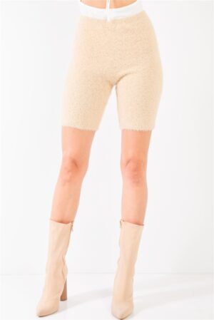 High-Waist Fuzzy-Knit Biker Shorts – Oatmeal Beige