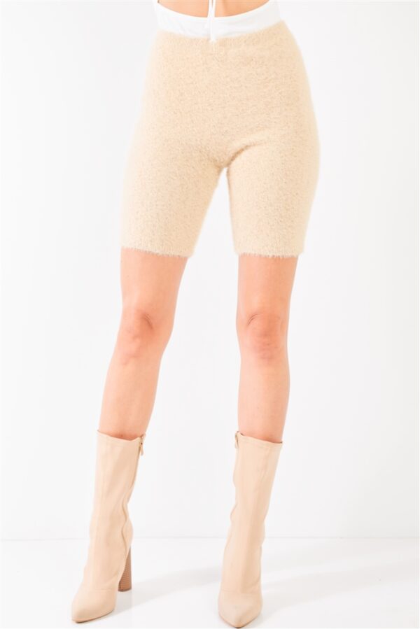 High-Waist Fuzzy-Knit Biker Shorts – Oatmeal Beige