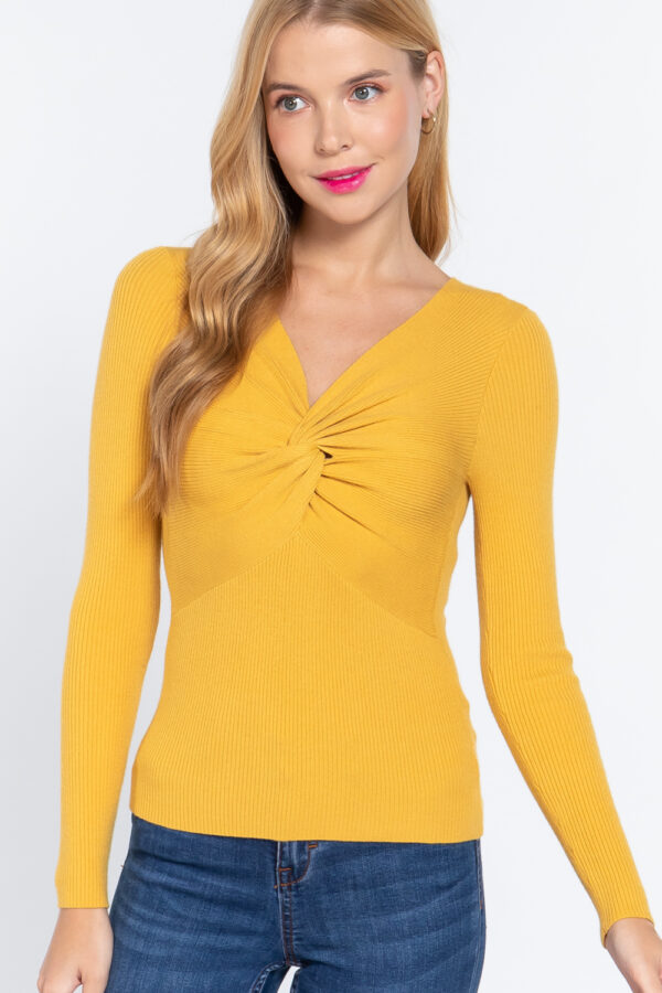 Long-Sleeve Twist-Front V-Neck Sweater – Honey Mustard