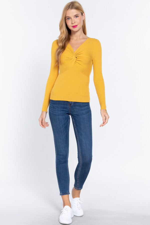 Long-Sleeve Twist-Front V-Neck Sweater – Honey Mustard