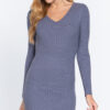 V-Neck Sweater Mini Dress – Long Sleeve, Blue