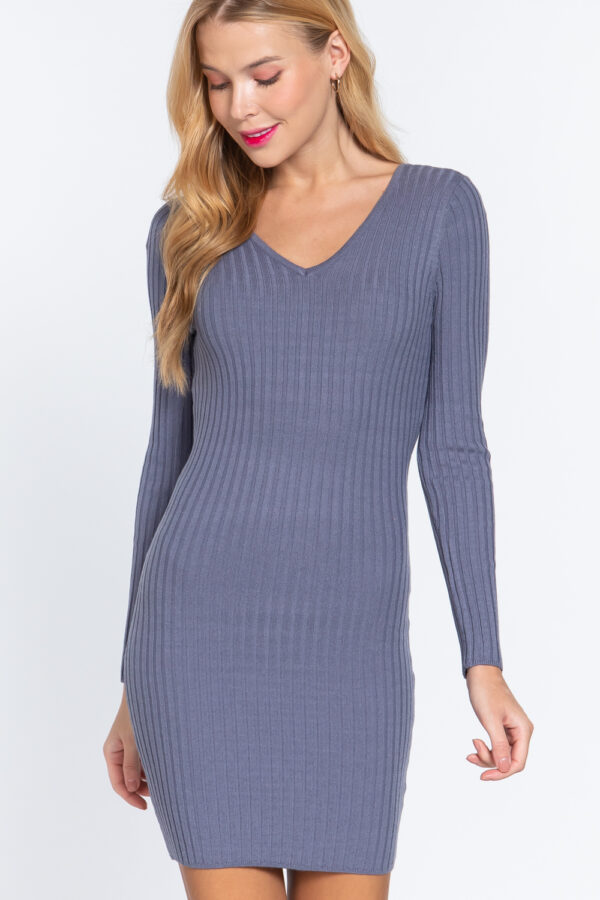 V-Neck Sweater Mini Dress – Long Sleeve, Blue