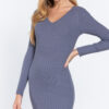 V-Neck Sweater Mini Dress – Long Sleeve, Blue