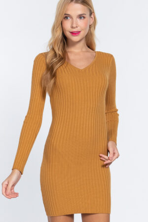 V-Neck Long-Sleeve Sweater Mini Dress – Ochre