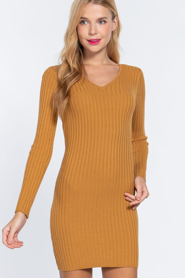 V-Neck Long-Sleeve Sweater Mini Dress – Ochre