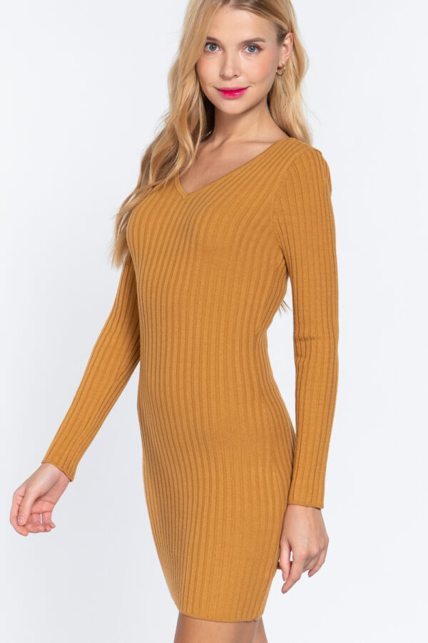 V-Neck Long-Sleeve Sweater Mini Dress – Ochre