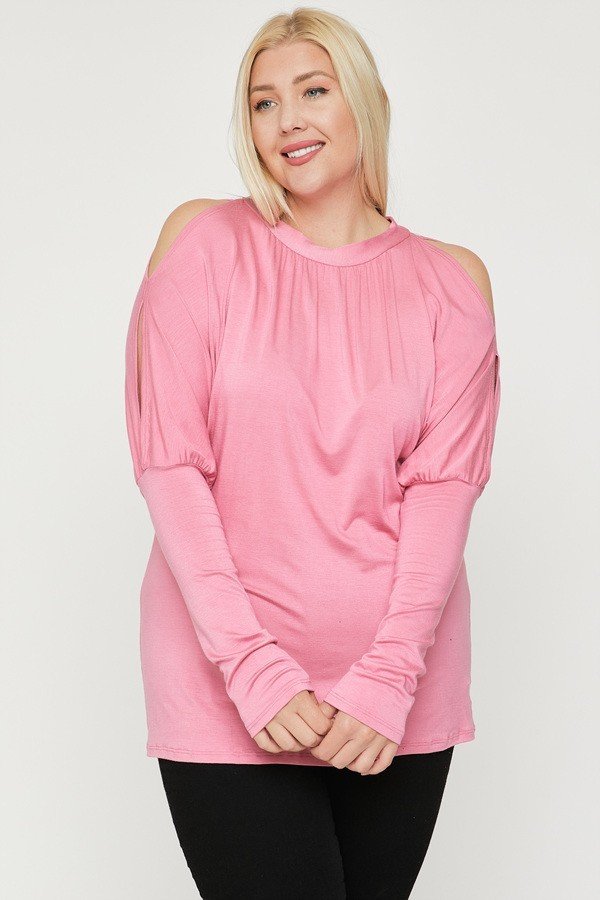 Plus Size Long Sleeve Top with Cutouts & Neck Tie – Pink