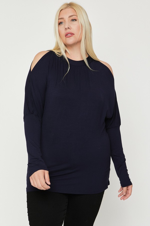 Plus Size Long Sleeve Top with Neck Tie – Navy
