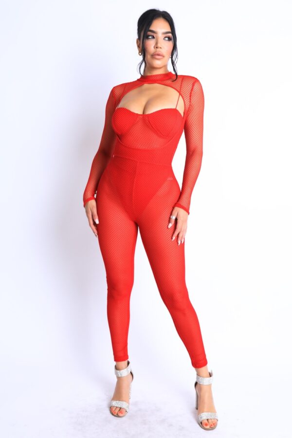 Mesh Crop Jumpsuit Set – Red Mesh Accent