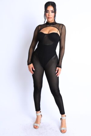 Mesh Crop Jumpsuit – Black Mesh Panel Detail