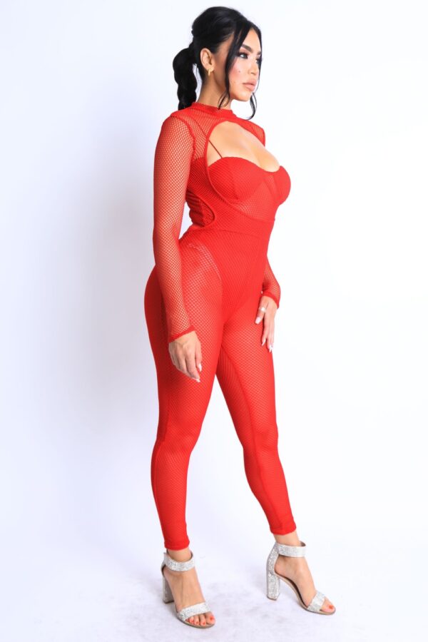 Mesh Crop Jumpsuit Set – Red Mesh Accent