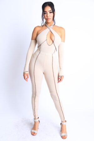 Cross Halter Keyhole Off-Shoulder Set – Taupe
