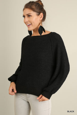 Boat Neck Puff Sleeve Sweater – Black Knit