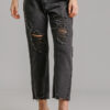 Distressed Straight-Cut Denim Jeans with Raw Hem – Black