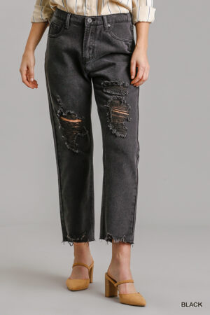Distressed Straight-Cut Denim Jeans with Raw Hem – Black