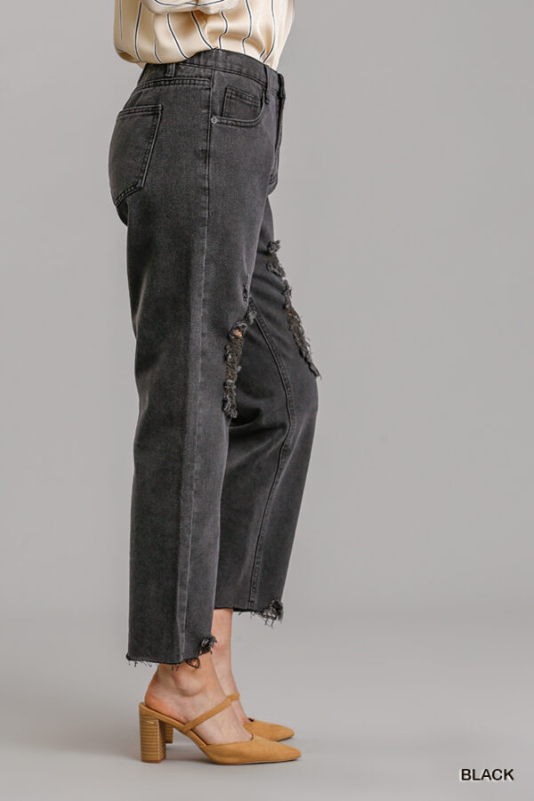 Distressed Straight-Cut Denim Jeans with Raw Hem – Black