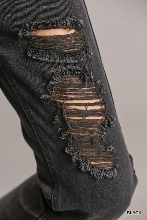 Distressed Straight-Cut Denim Jeans with Raw Hem – Black