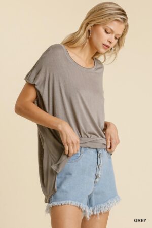Sheer Dolman Scoop-Neck Top with Side Slit – Grey