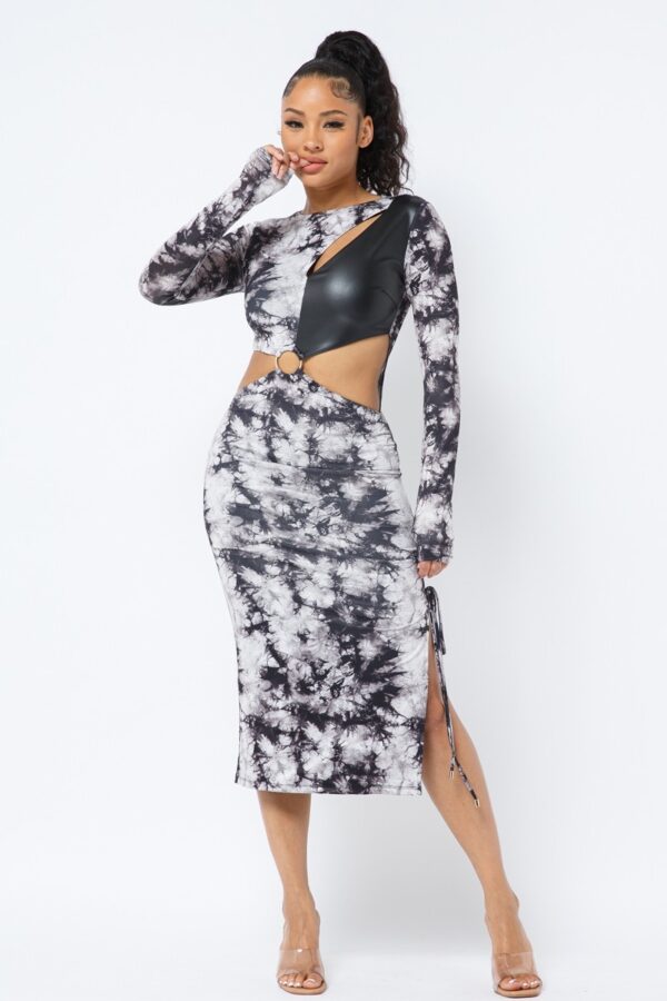 Tie Dye Long Sleeve Midi Dress with Cut-Out & PU Leather – Black