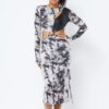 Tie Dye Long Sleeve Midi Dress with Cut-Out & PU Leather – Black