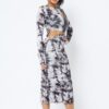 Tie Dye Long Sleeve Midi Dress with Cut-Out & PU Leather – Black