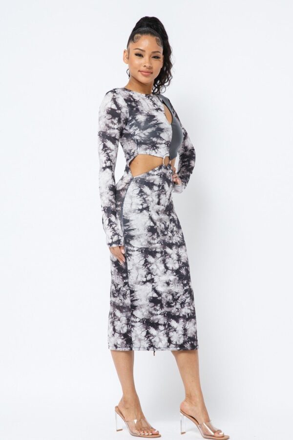 Tie Dye Long Sleeve Midi Dress with Cut-Out & PU Leather – Black