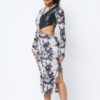 Tie Dye Long Sleeve Midi Dress with Cut-Out & PU Leather – Black