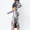 Tie Dye Long Sleeve Midi Dress with Cut-Out & PU Leather – Black