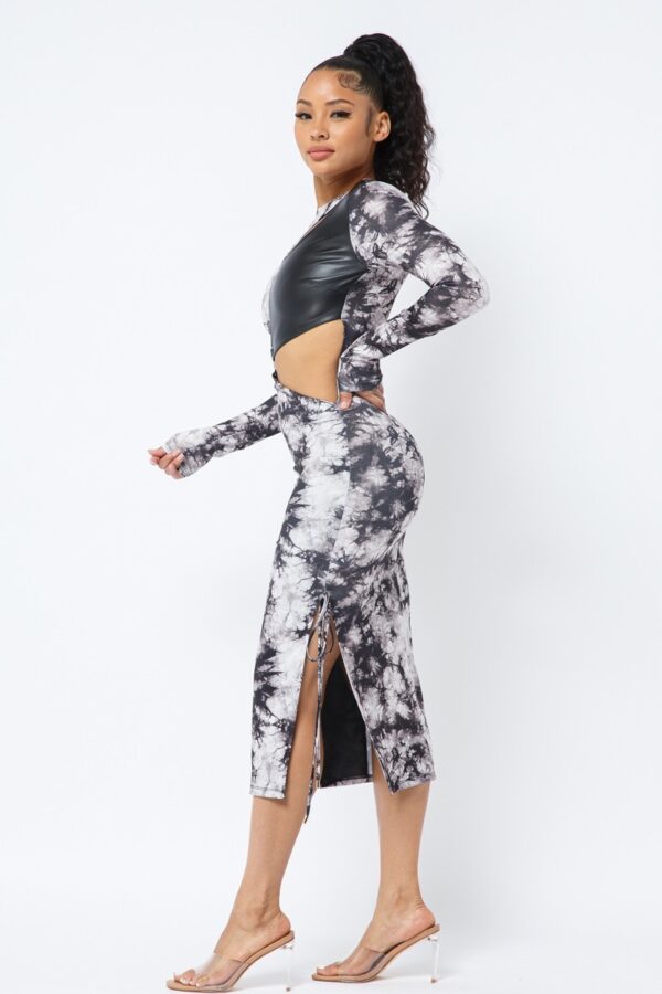 Tie Dye Long Sleeve Midi Dress with Cut-Out & PU Leather – Black