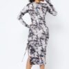 Tie Dye Long Sleeve Midi Dress with Cut-Out & PU Leather – Black