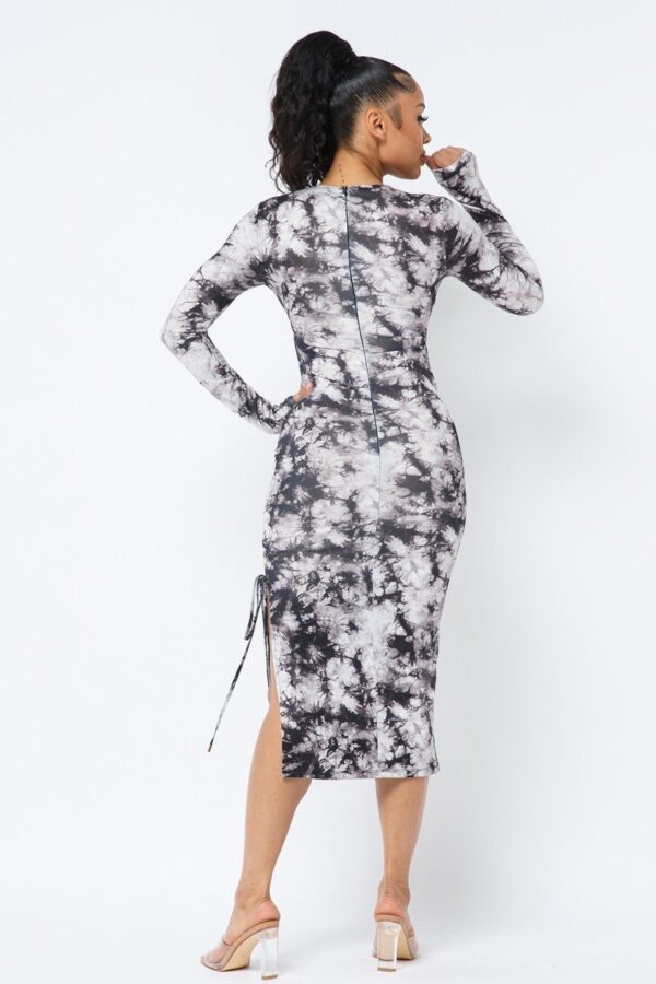 Tie Dye Long Sleeve Midi Dress with Cut-Out & PU Leather – Black