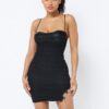 Spaghetti Strap Mesh Mini Dress with PU Bustier – Black