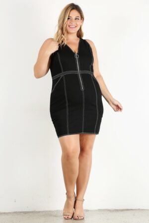 Plus Bodycon Mini Dress – Half-Zip V-Neck, Black