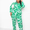 Plus-Size Button-Up Long Sleeve Jumpsuit – Green/White