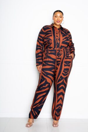 Plus-Size Button-Up Long Sleeve Jumpsuit – Black/Brown