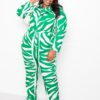 Plus-Size Button-Up Long Sleeve Jumpsuit – Green/White