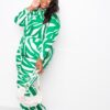 Plus-Size Button-Up Long Sleeve Jumpsuit – Green/White