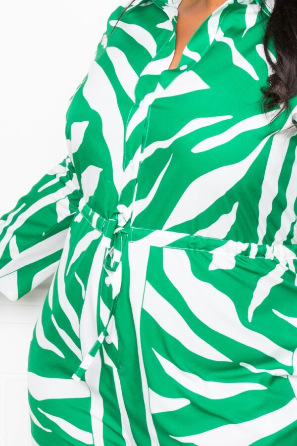 Plus-Size Button-Up Long Sleeve Jumpsuit – Green/White