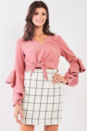 Fuzzy Cropped Top with Ruffle Sleeves – Blush